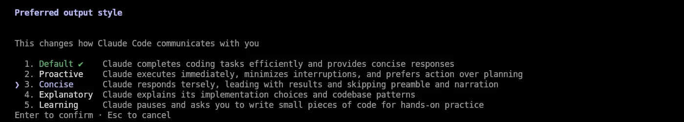 Väljaren Output style i Claude Codes /config-meny med de fem inbyggda stilarna, markören står på Concise
