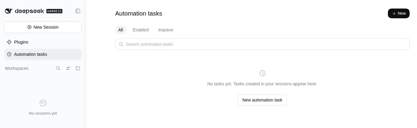 Sidan Automation tasks i DeepSeek Harness 0.1.7-rc.2 med filtren All, Enabled och Inactive, en sökruta och beskedet att inga uppgifter finns ännu.