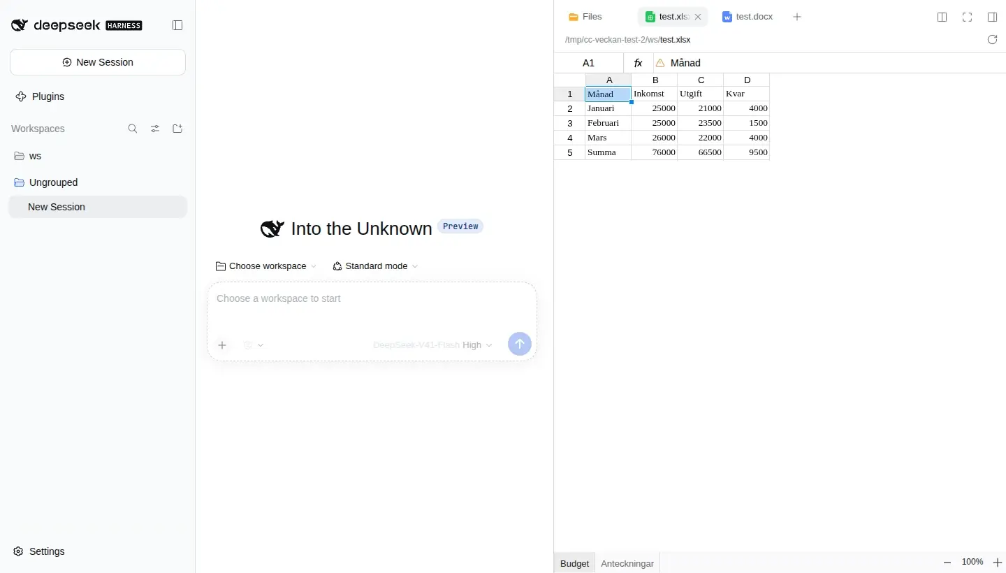 DeepSeek Harness webbgränssnitt med en Excel-fil öppnad i sidofältet som ett rutnät med månader, inkomster och utgifter och flikarna Budget och Anteckningar.