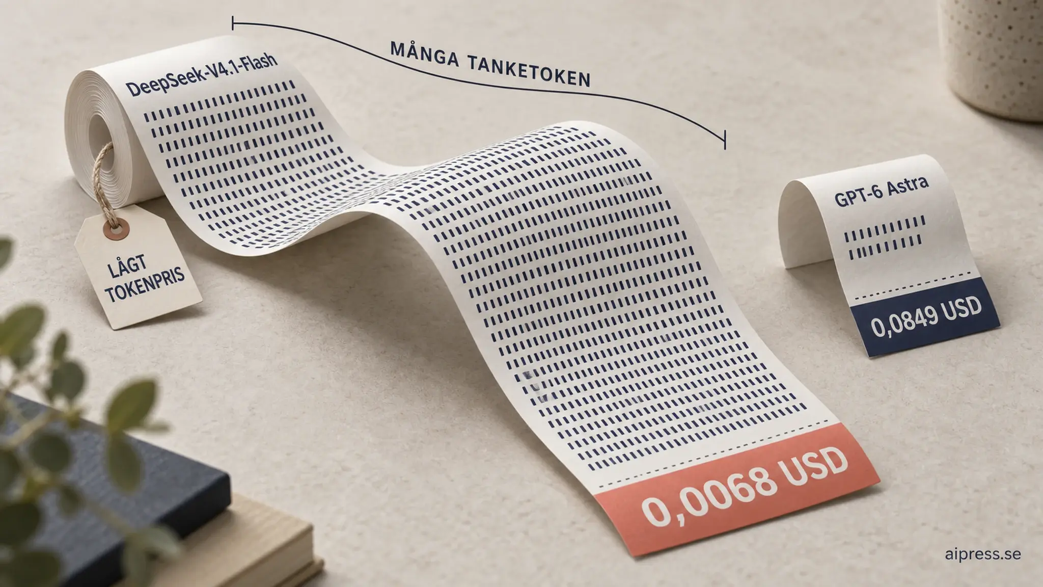 Illustration: en lång kvittorulle märkt DeepSeek-V4.1-Flash full av små tokenmarkeringar slutar på 0,0068 USD, bredvid en kort GPT-6 Astra-remsa som slutar på 0,0849 USD