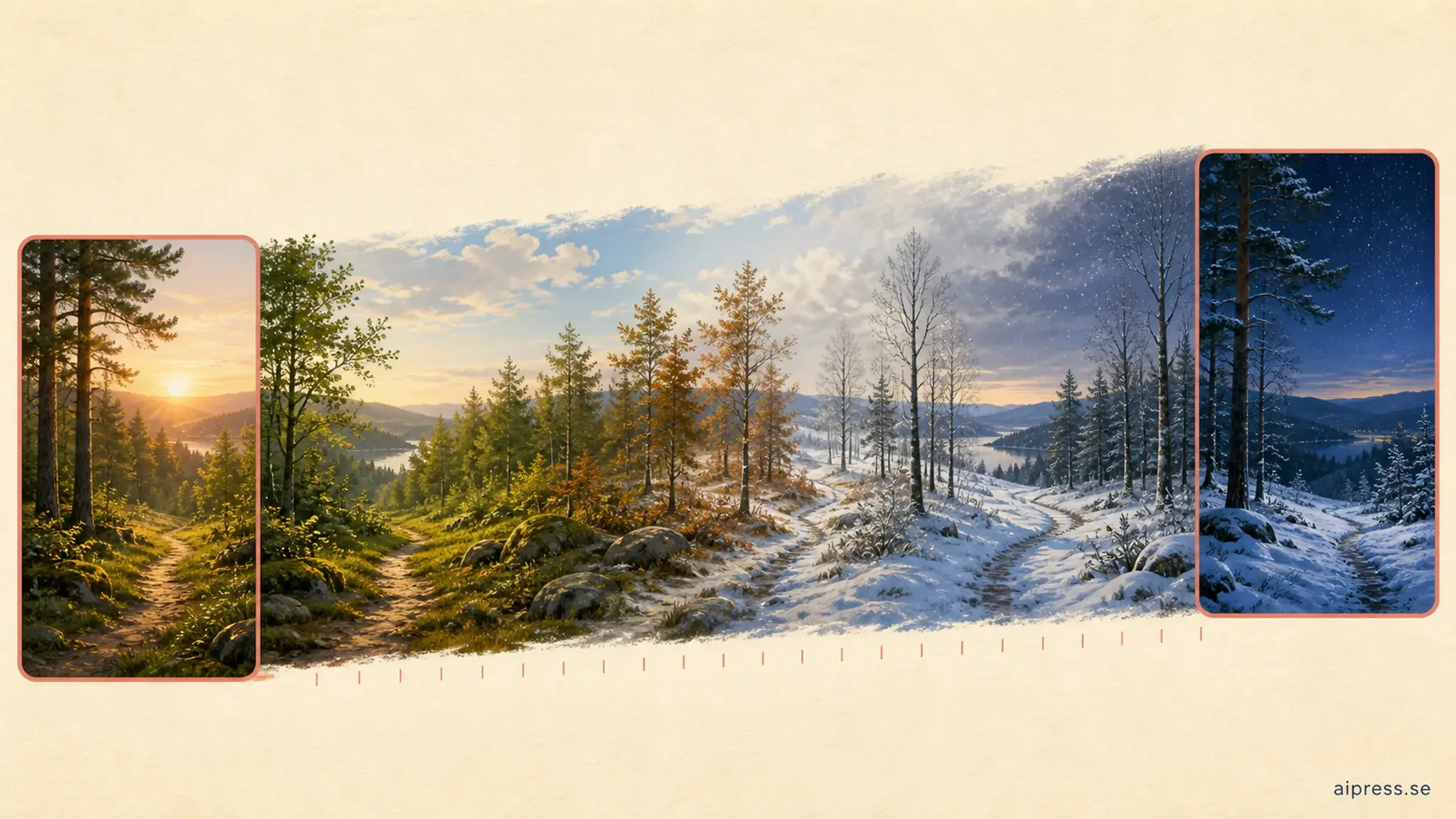 Två inramade ändbilder, en grön skog i soluppgång och samma vy snötäckt under stjärnhimmel, förbundna av ett sammanhängande panorama som gradvis byter årstid och ljus