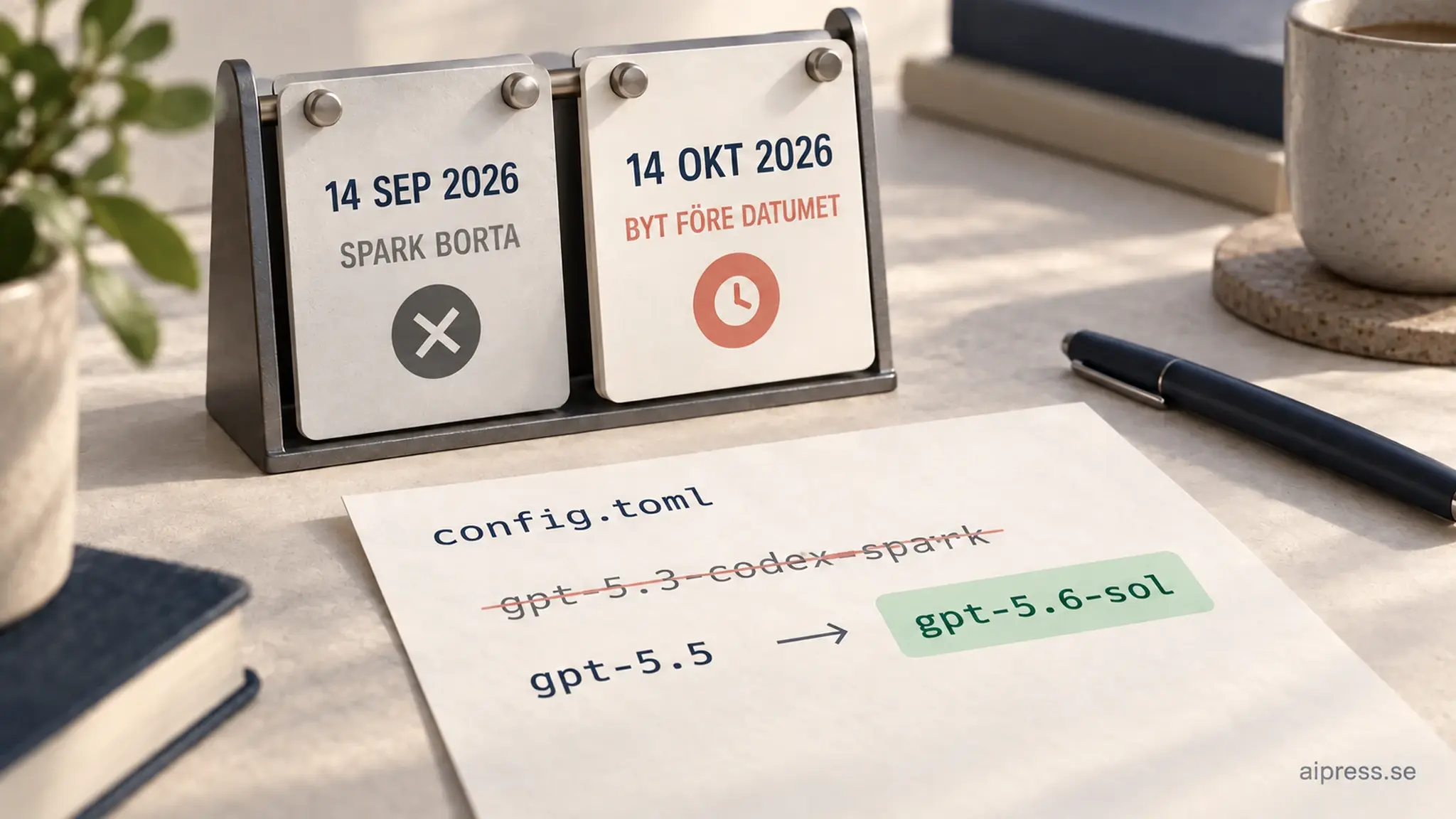 Illustration av en bordskalender med två kort, det vänstra märkt 14 SEP 2026 och SPARK BORTA med ett grått kryss, det högra märkt 14 OKT 2026 och BYT FÖRE DATUMET med en röd klocka, framför ett papper märkt config.toml där gpt-5.3-codex-spark är överstruket och en pil går från gpt-5.5 till ett grönmarkerat gpt-5.6-sol