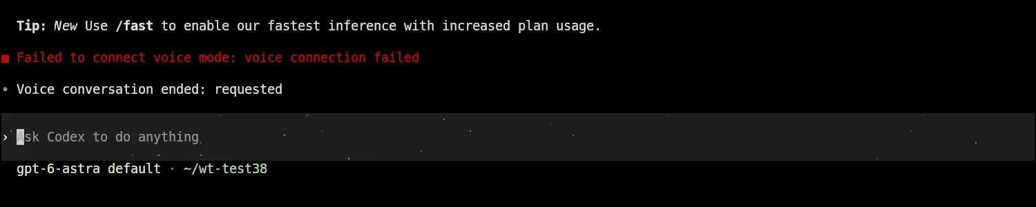 Skärmbild av Codex CLI 0.155.1 på vår Linux-PC efter kommandot /voice, där en röd rad säger Failed to connect voice mode: voice connection failed och raden under säger Voice conversation ended: requested
