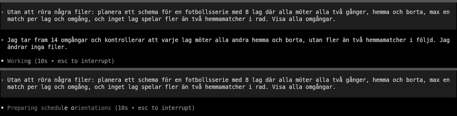 Två skärmbilder av Codex CLI 0.155.1 med samma svenska fråga om ett spelschema för åtta lag: överst med standardinställningen, där statusraden bara visar Working (10s • esc to interrupt), och nederst med model_reasoning_summary satt till detailed, där statusraden visar Preparing schedule orientations (10s • esc to interrupt)