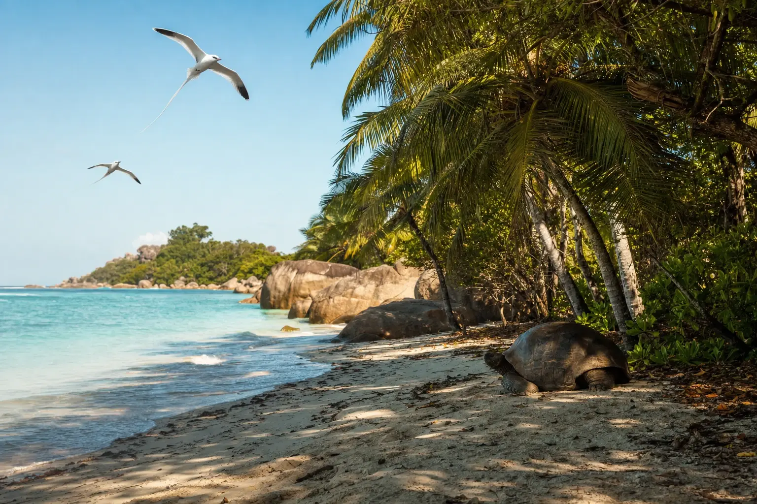 Fotorealistisk bild från gpt-image-2 efter GPT-6.1 Sols prompt: en tropisk strand med turkost vatten, ljus sand, stora granitblock och lutande palmer, en jättesköldpadda i skuggan och två vita tropikfåglar med långa stjärtfjädrar i luften