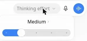 Skärmbild av menyn Thinking effort i ChatGPT:s chattflik, med nivån Medium överst och ett reglage för tankenivån under