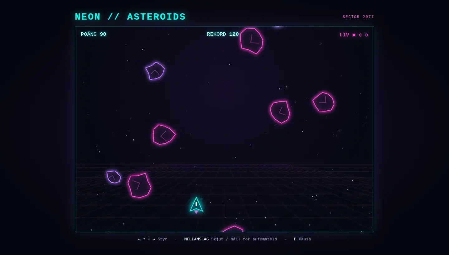 Skärmbild av asteroidspelet GPT-6.1-Sol-Medium som GPT-6.1 Sol skrev på tankenivå medium: rosa och lila asteroider, ett cyanfärgat skepp och ett rosa perspektivrutnät på mörk bakgrund, med poäng, rekord och liv överst