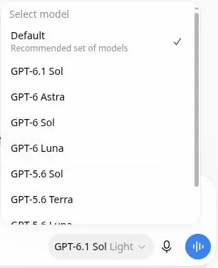Skärmbild av modellväljaren i ChatGPT Work med listan Select model: Default överst och därefter GPT-6.1 Sol, GPT-6 Astra, GPT-6 Sol, GPT-6 Luna, GPT-5.6 Sol och GPT-5.6 Terra
