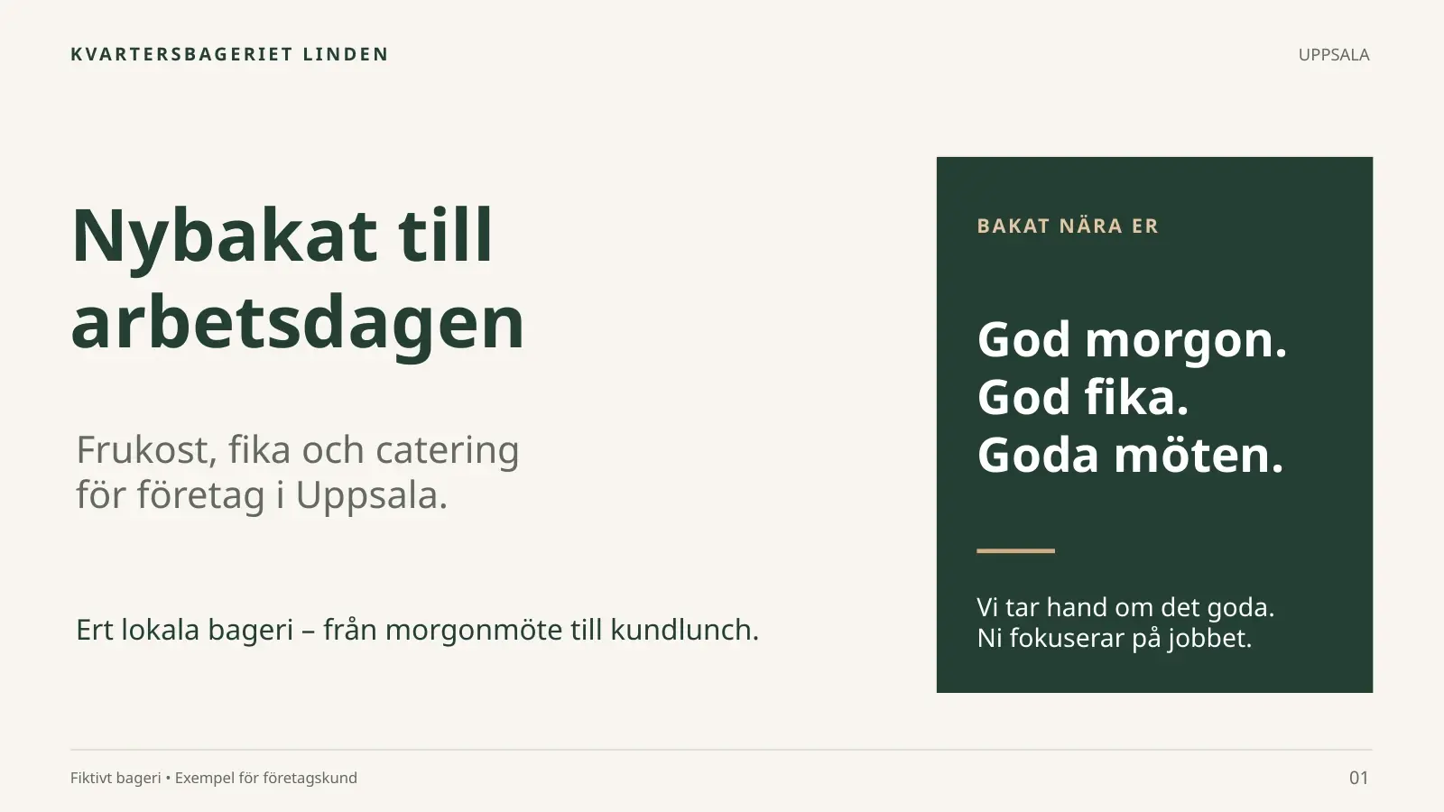 Bild 1 av 5 i presentationen GPT-6 Astra skapade: titelbilden Nybakat till arbetsdagen, frukost, fika och catering för företag i Uppsala, med en mörkgrön ruta God morgon, God fika, Goda möten