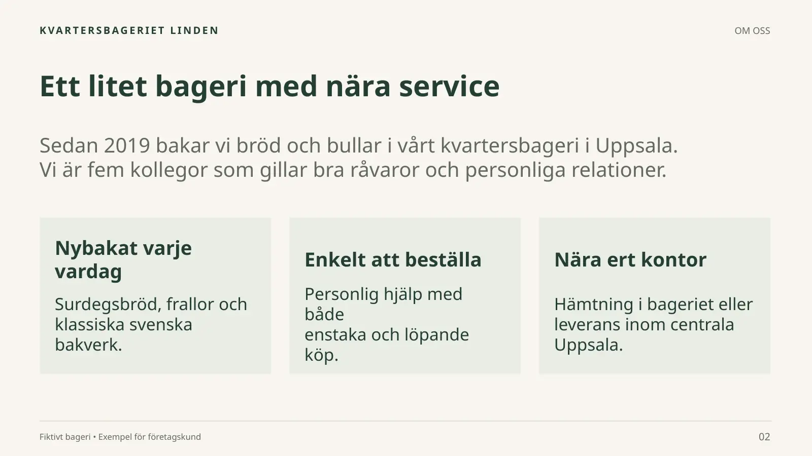 Bild 2 av 5: Ett litet bageri med nära service, om det påhittade Kvartersbageriet Linden med tre rutor Nybakat varje vardag, Enkelt att beställa och Nära ert kontor