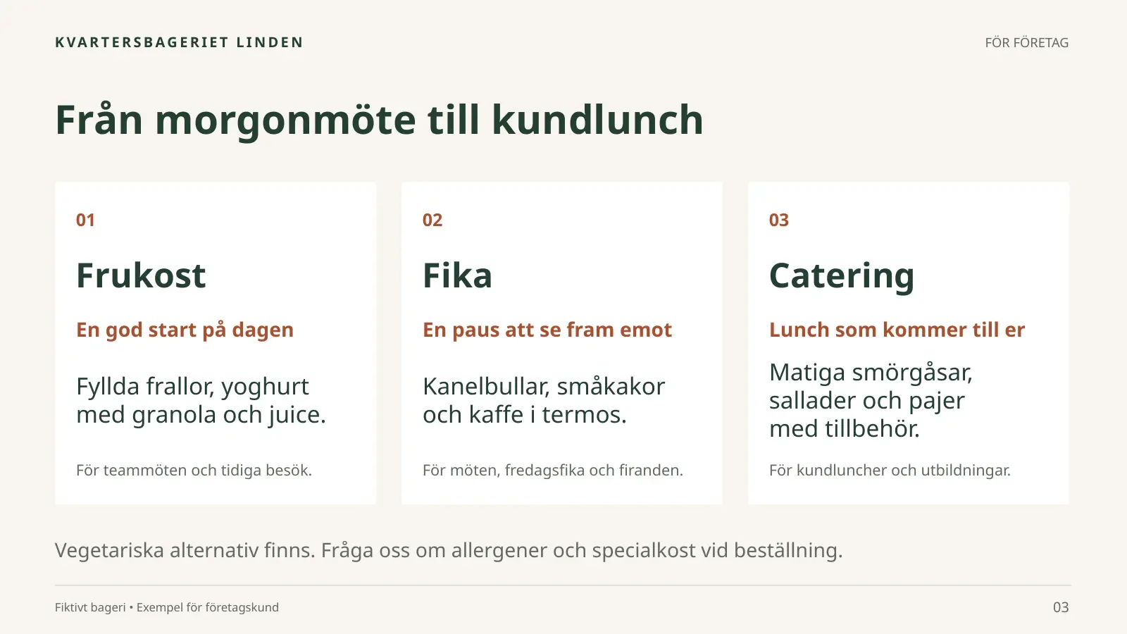 Bild 3 av 5: Från morgonmöte till kundlunch, med tre kort för Frukost, Fika och Catering och korta beskrivningar av vad som ingår