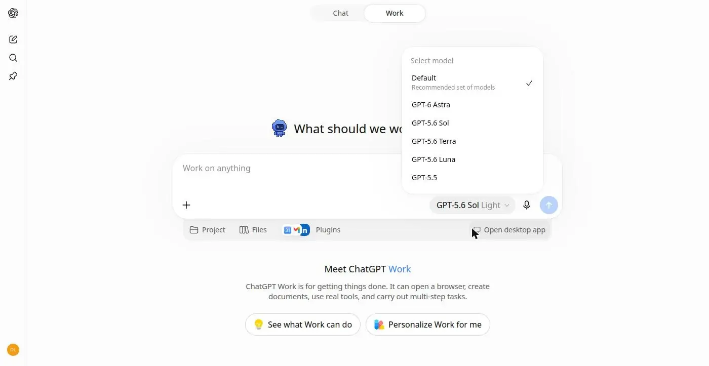 Skärmbild av modellväljaren i ChatGPT Work på webben med ett Plus-konto. Listan Select model visar Default, GPT-6 Astra, GPT-5.6 Sol, GPT-5.6 Terra, GPT-5.6 Luna och GPT-5.5