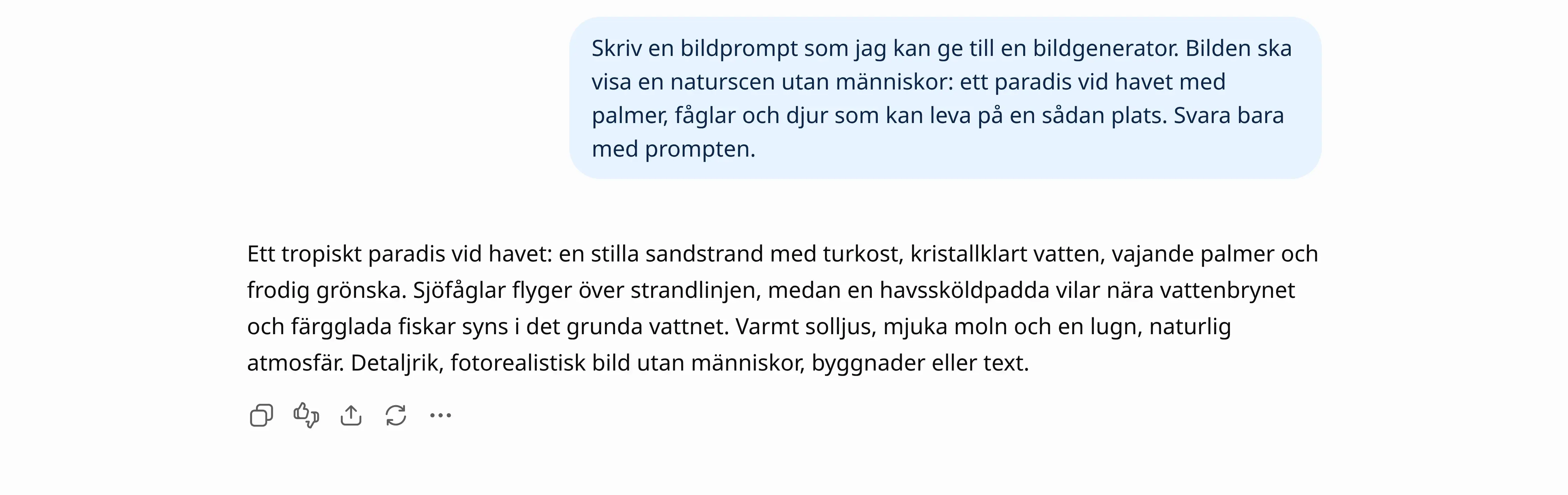ChatGPT Work: Aipress beställning av en bildprompt och GPT-6 Sols svar, en svensk prompt om ett tropiskt paradis utan människor, byggnader eller text