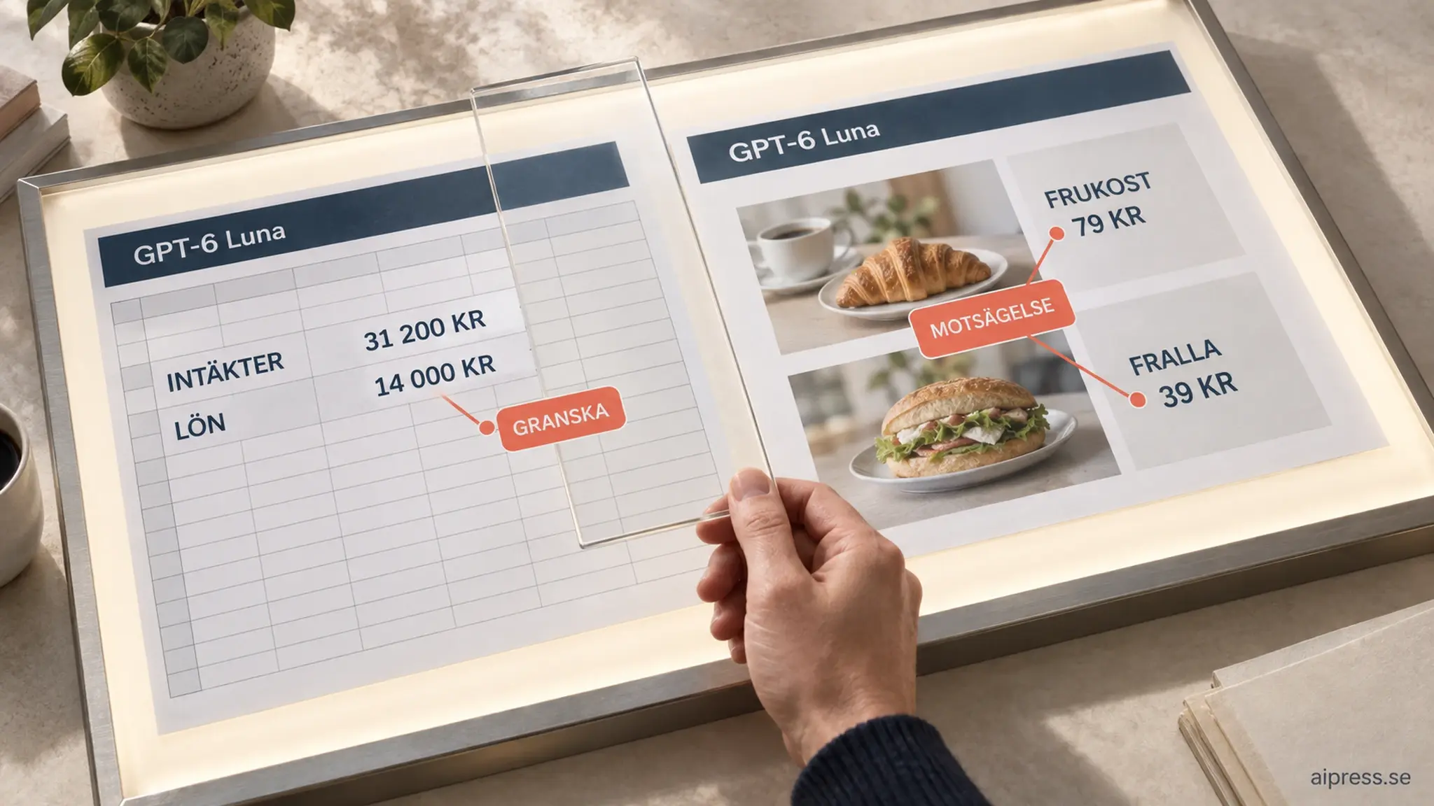 Illustration av ett upplyst granskningsbord med GPT-6 Lunas kalkylblad (intäkter 31 200 kronor, lön 14 000 kronor, märkt Granska) och presentation (frukost 79 kronor mot fralla 39 kronor, märkt Motsägelse), en hand håller en genomskinlig ram över dem