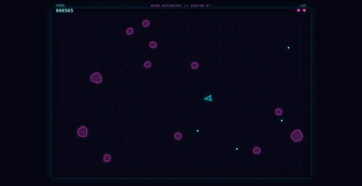 GPT-6 Lunas asteroidspel mitt i spelet: ett roterande skepp, magentafärgade stenar och rubriken Neon Asteroids Sektor 07