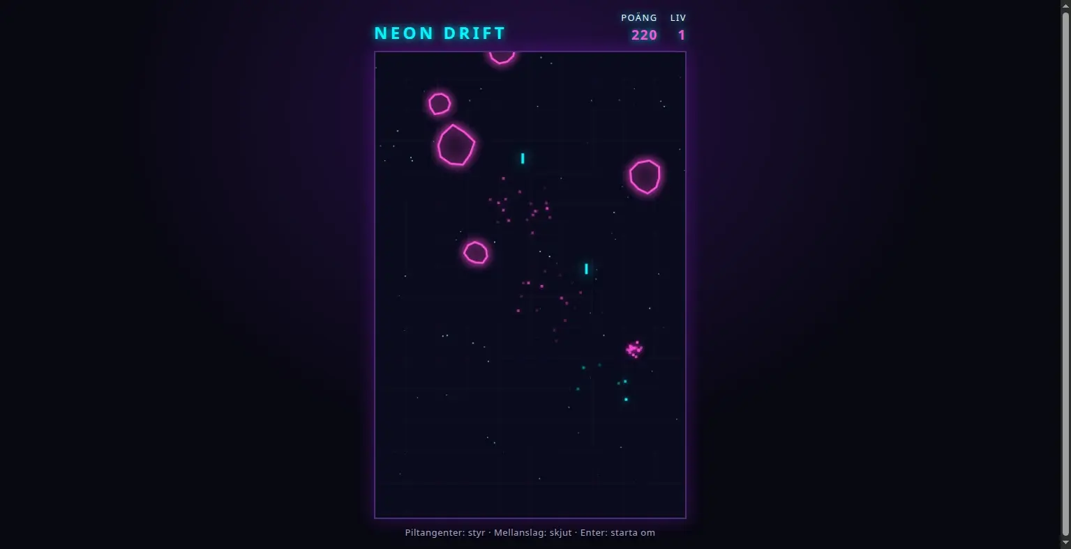 GPT-6 Sols asteroidspel på nivån High, med titeln Neon Drift, samma titel som Astras spel