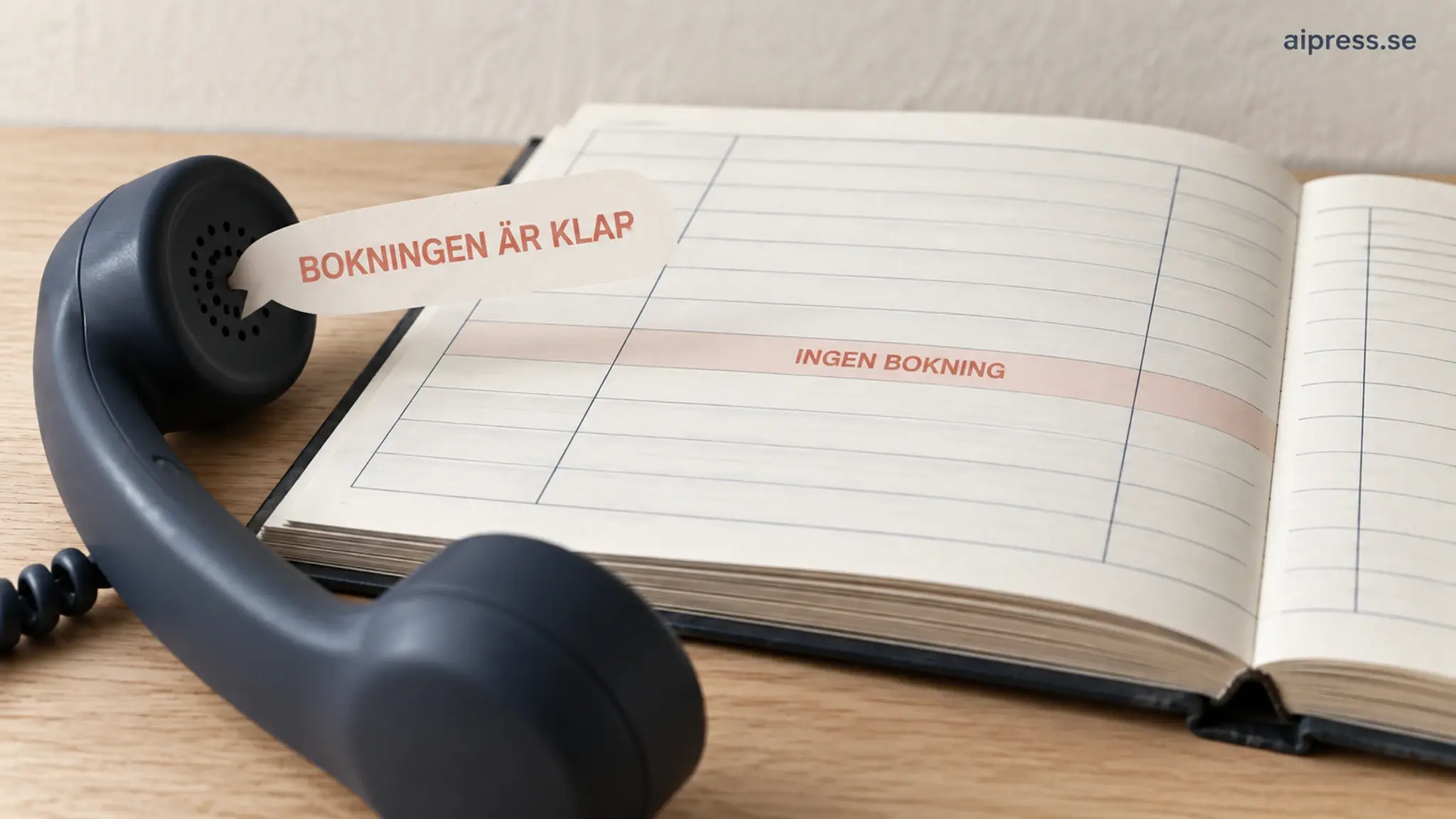 En telefonlur säger Bokningen är klar medan raden i bokningsliggaren är tom och märkt Ingen bokning