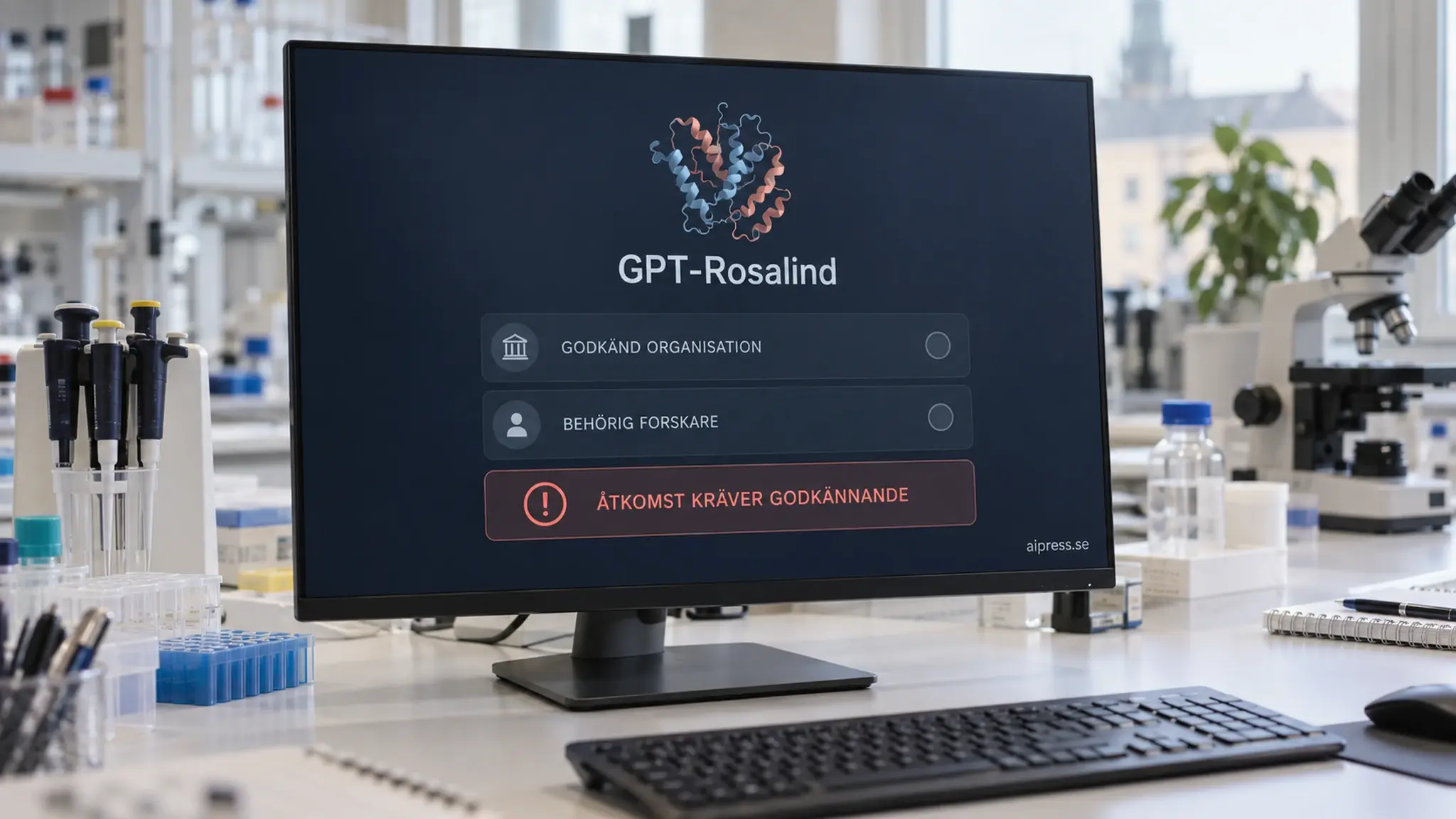 Datorskärm i ett laboratorium visar GPT-Rosalind med två krav, godkänd organisation och behörig forskare, och meddelandet att åtkomst kräver godkännande