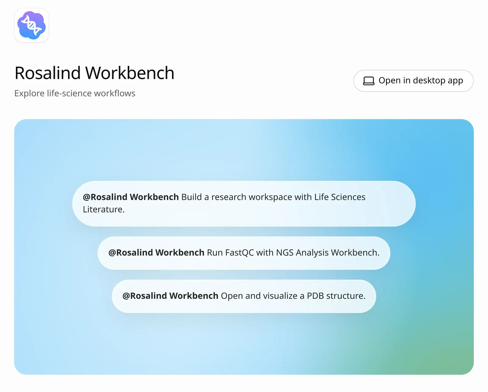 Rosalind Workbench i ChatGPT:s pluginbutik på webben, med knappen Open in desktop app och tre exempeluppdrag