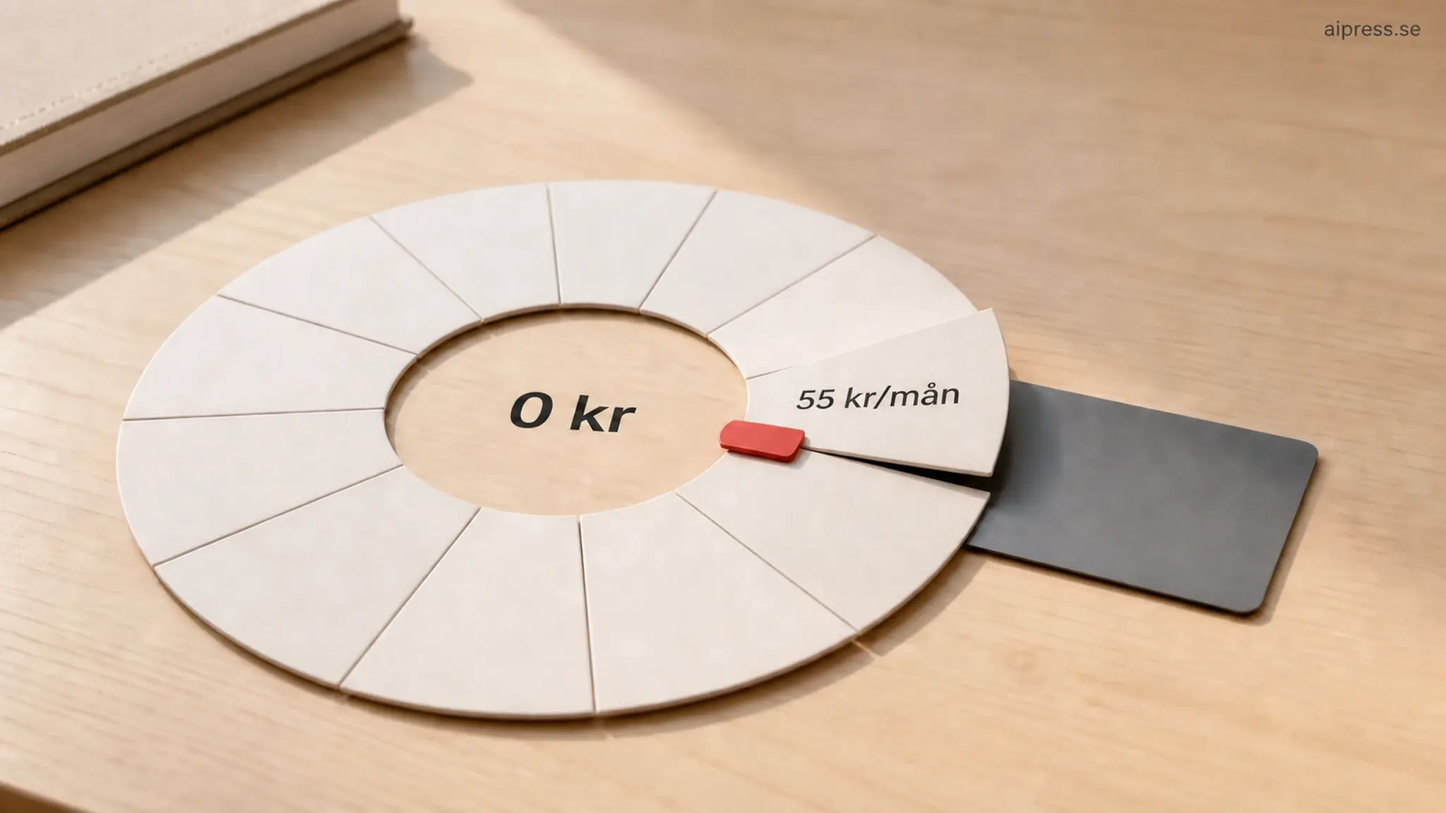 En pappersring med kalendersegment på ett skrivbord, 0 kr i mitten, sista segmentet upphöjt med texten 55 kr/mån, ett grått betalkort under det och en liten röd påminnelseflik