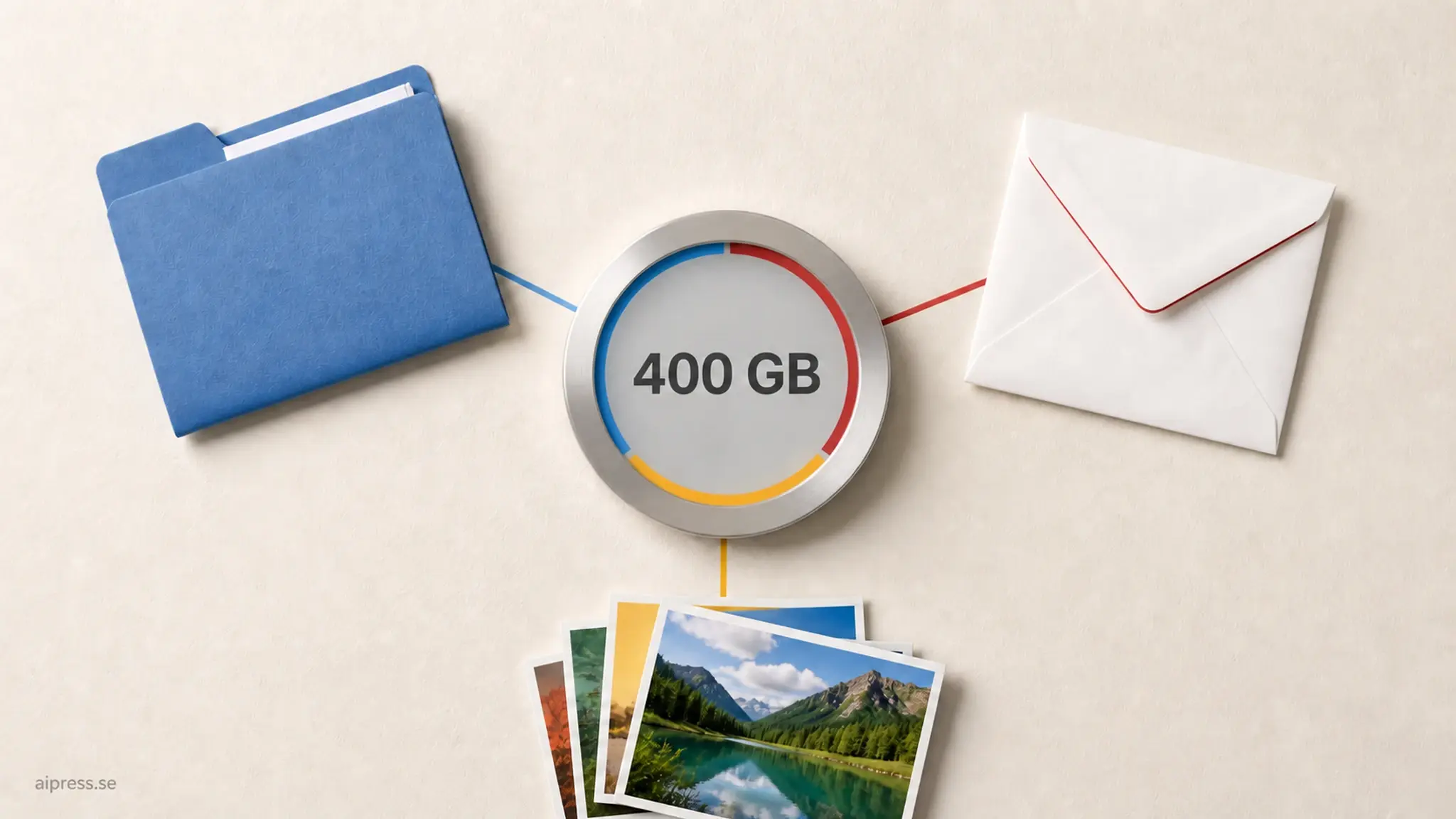 Stilleben rakt ovanifrån: en rund lagringsmätare märkt 400 GB med tre linjer till en blå dokumentmapp, ett kuvert och en hög fotografier