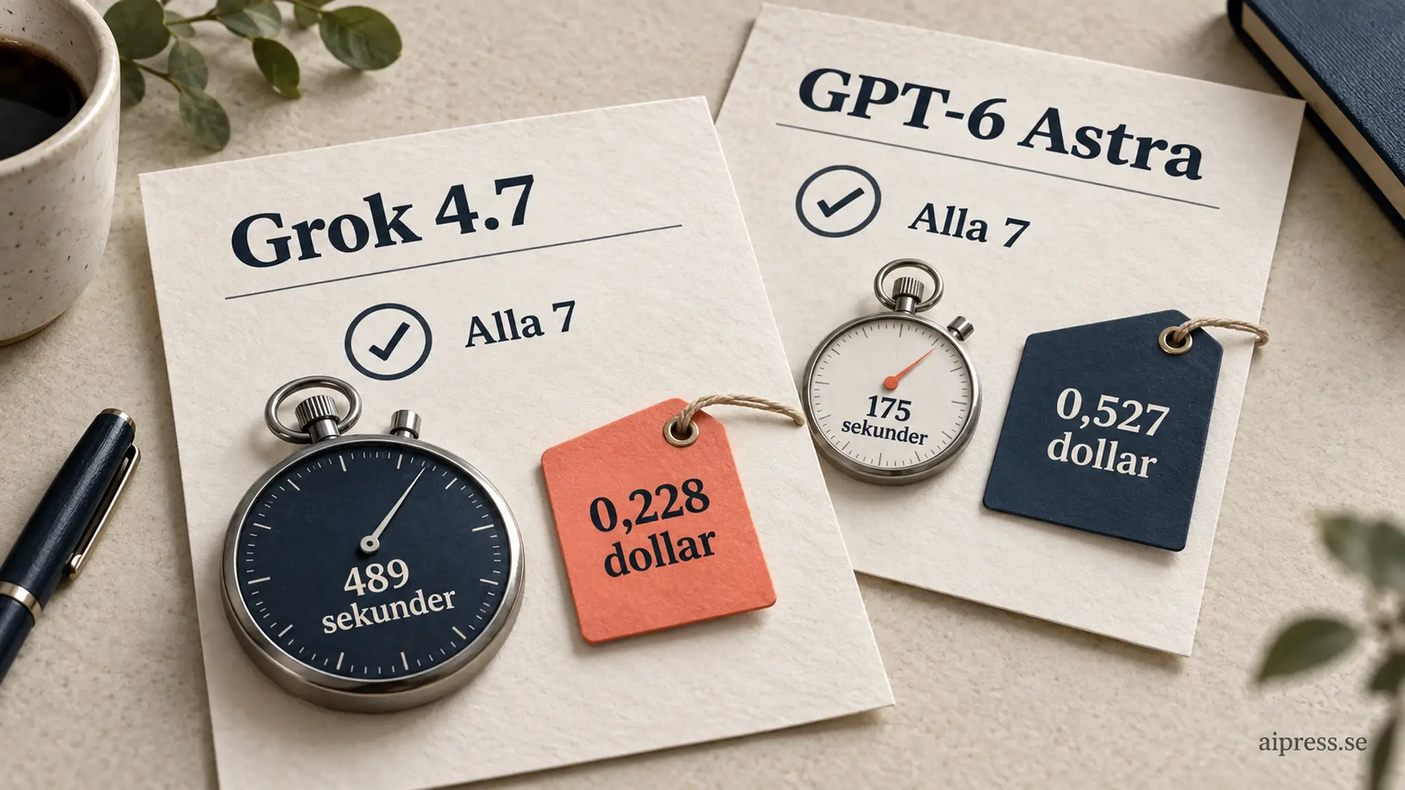 Två arbetsorder på ett bord: Grok 4.7 med stoppur på 489 sekunder och prislapp 0,228 dollar, GPT-6 Astra med 175 sekunder och 0,527 dollar, båda med bocken Alla 7