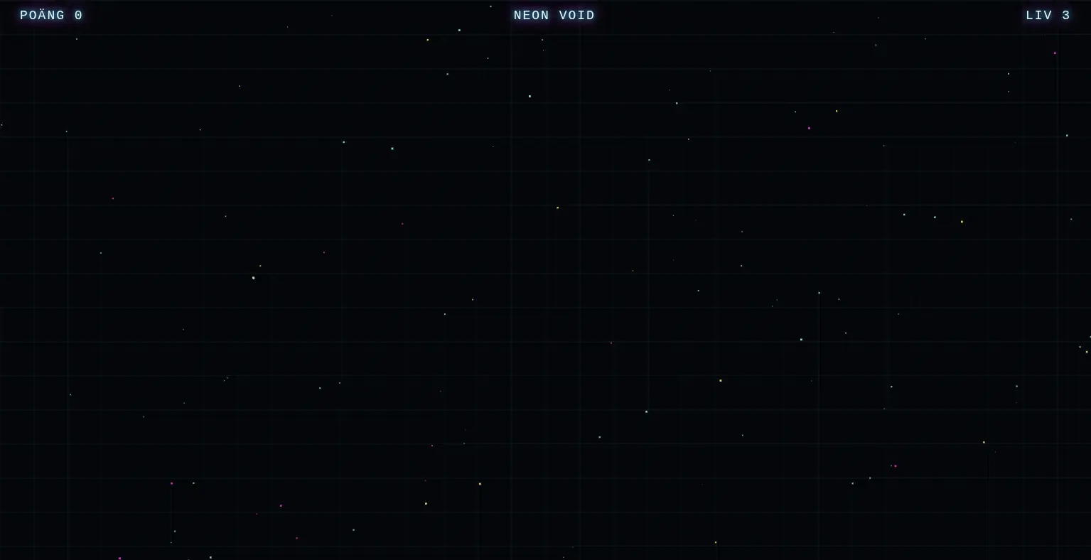 Groks asteroidspel på nivån medium efter start: bara rutnät och stjärnor, poäng 0 och liv 3, inget skepp och inga asteroider