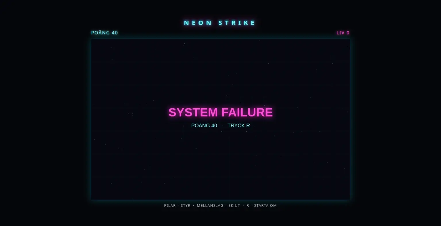 Grok-Asteroid, Groks spel på nivån xhigh: game over-skärmen SYSTEM FAILURE med poäng 40 och uppmaningen TRYCK R