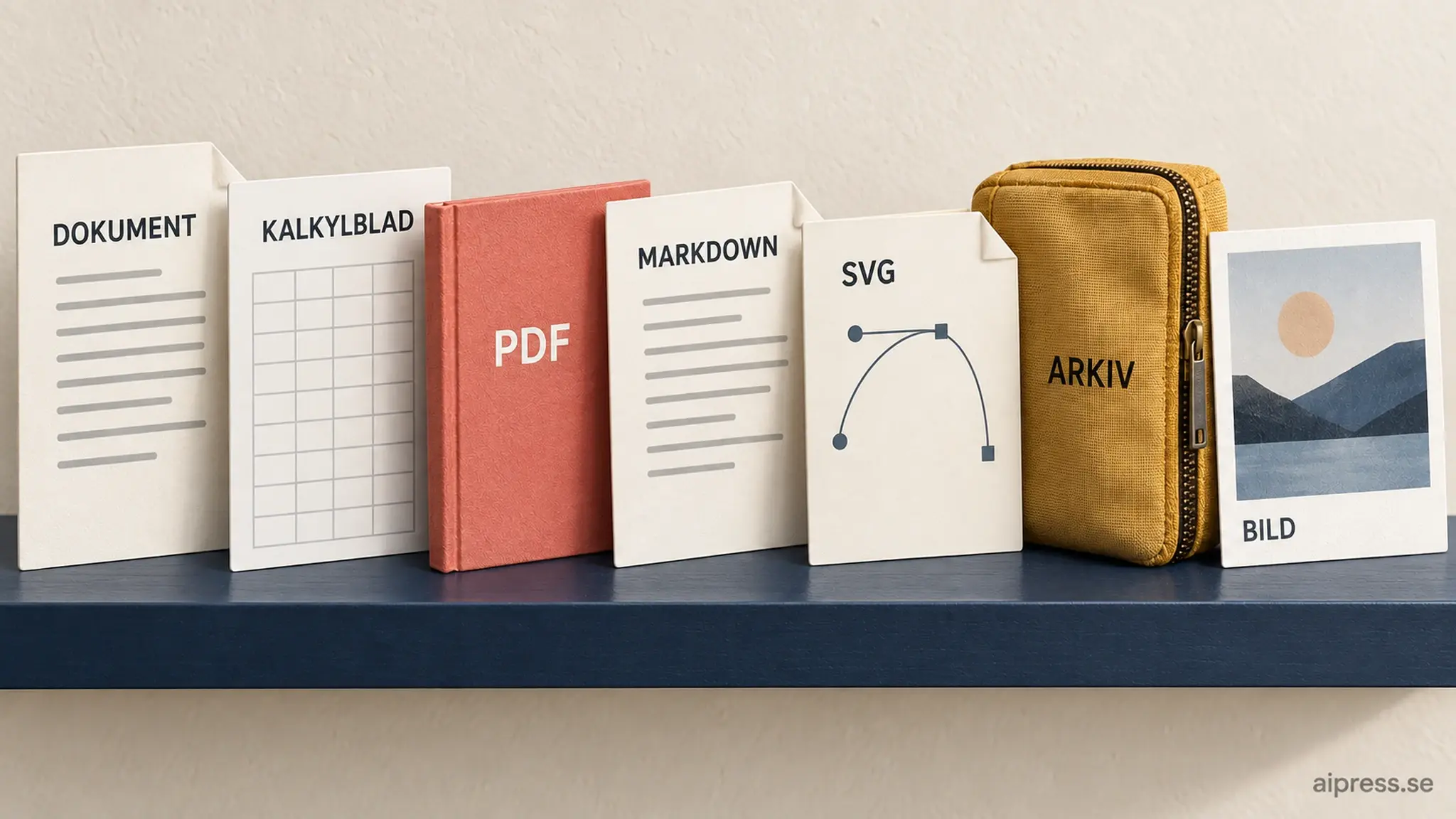 Illustration av en hylla där olika filtyper står sida vid sida: ett dokument, ett kalkylblad, en PDF, en Markdown-fil, en SVG-bild, ett arkiv och en bild, var och en märkt med sitt namn.