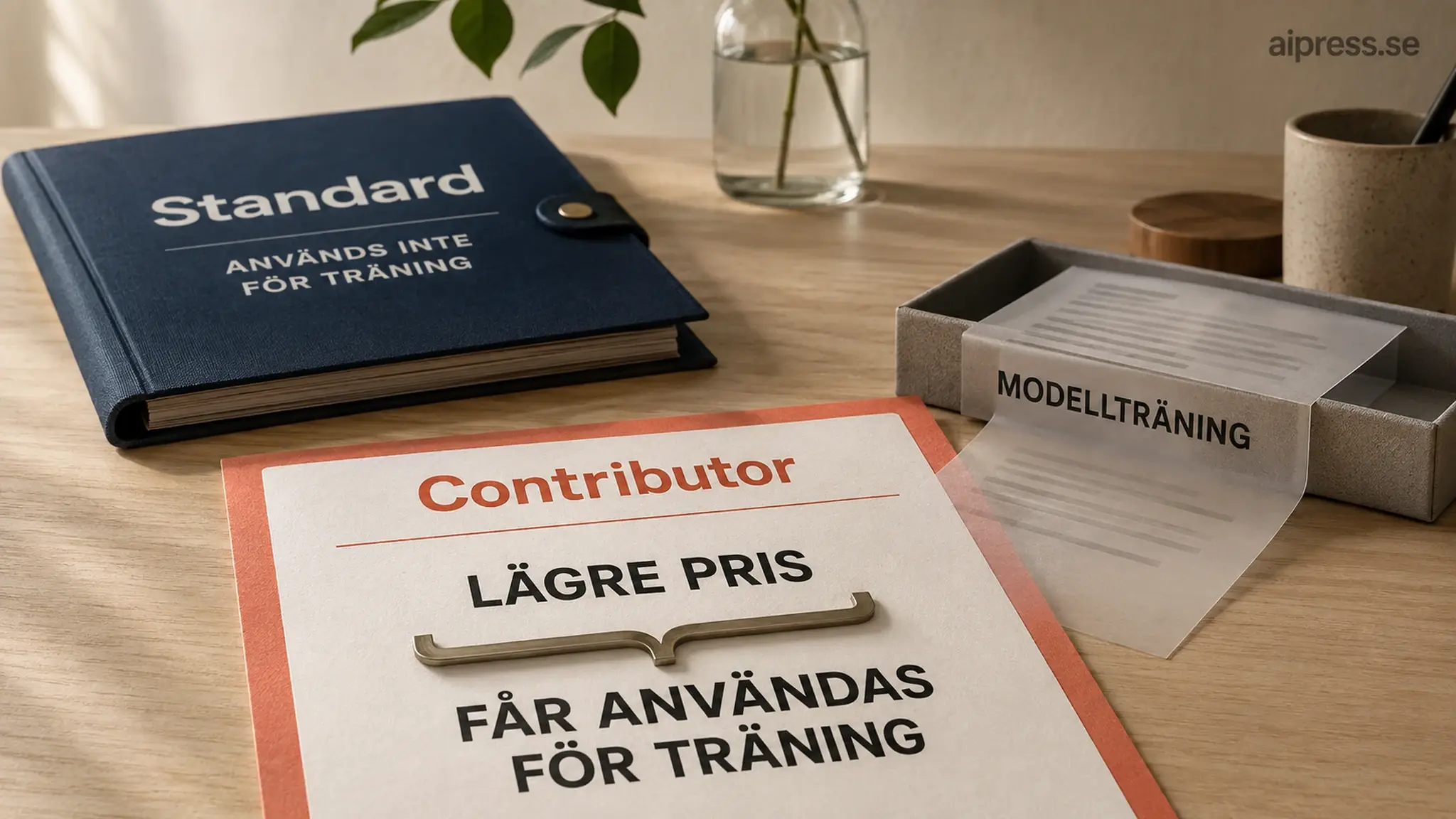 Stilleben på ljust ekbord: en stängd mörkblå dokumentmapp märkt Standard, används inte för träning, och framför den ett papper med korallfärgad kant märkt Contributor, lägre pris, får användas för träning, medan ett genomskinligt dokument glider ned i ett fack märkt MODELLTRÄNING