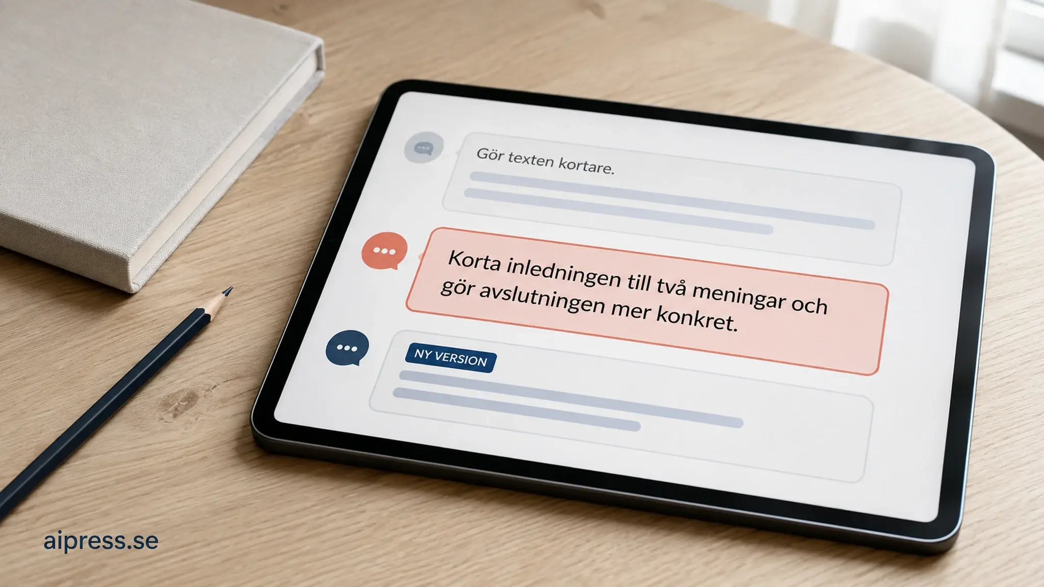 Foto av en surfplatta på ett ljust träbord med ett chattfönster. Överst den vaga återkopplingen Gör texten kortare, i mitten den markerade konkreta återkopplingen Korta inledningen till två meningar och gör avslutningen mer konkret, nederst en ruta märkt NY VERSION