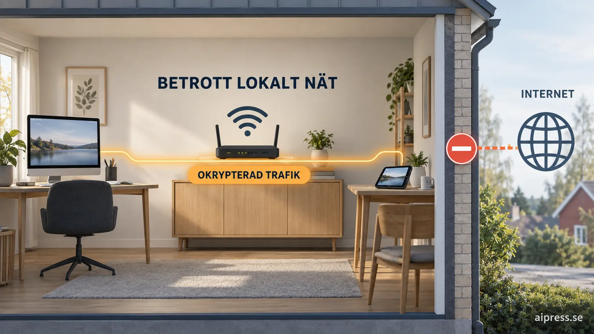 Genomskärning av ett hemmakontor där en gul linje märkt OKRYPTERAD TRAFIK går mellan datorn, routern och en surfplatta och stoppas av ett förbudsmärke vid ytterväggen, före jordklotet märkt INTERNET