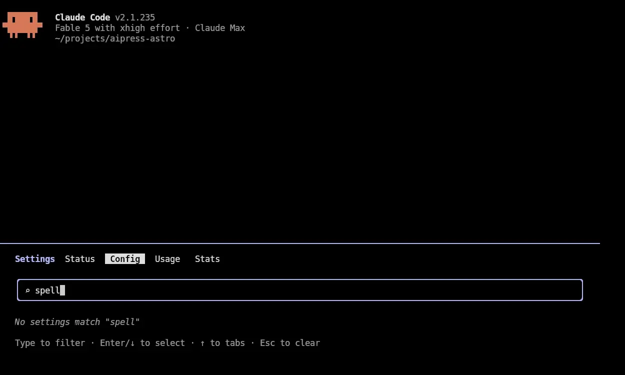 Claude Codes /config-panel filtrerad på ordet spell med beskedet No settings match: ingen inställning för stavningskontroll finns där