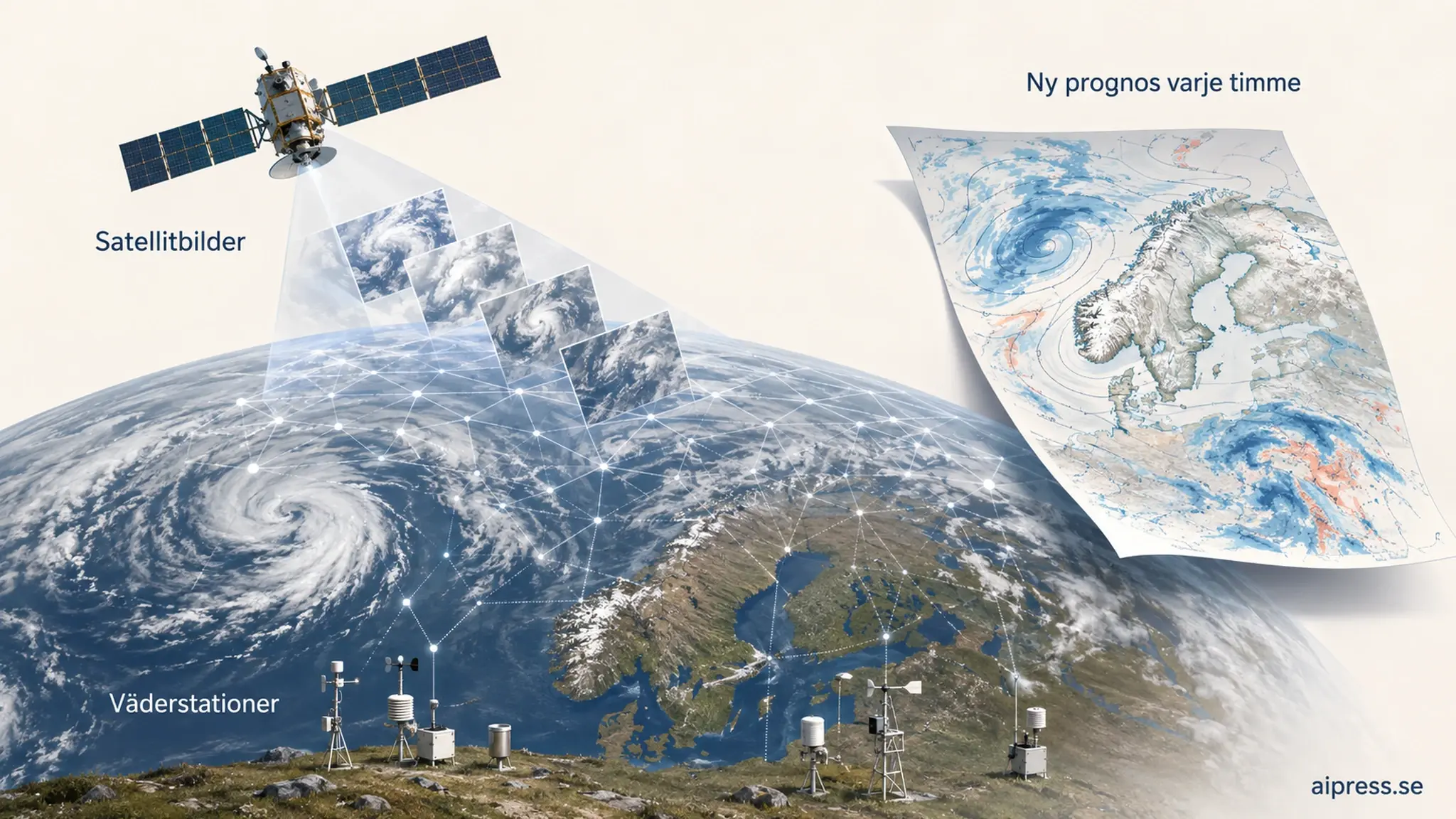 Illustration: en vädersatellit över jorden skickar en följd av molnbilder ned i ett nät över Skandinavien, väderstationer på marken matar samma nät, och ett prognosark märkt Ny prognos varje timme kommer ut till höger