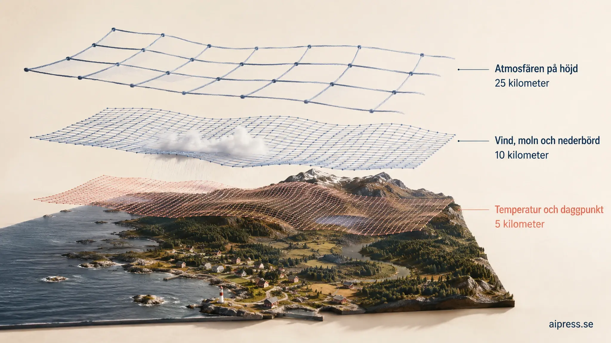 Miniatyrlandskap av en svensk kust med tre svävande nät ovanför: ett fint korallfärgat nät märkt Temperatur och daggpunkt 5 kilometer närmast marken, ett blått nät märkt Vind, moln och nederbörd 10 kilometer i mitten och ett glest mörkblått nät märkt Atmosfären på höjd 25 kilometer överst