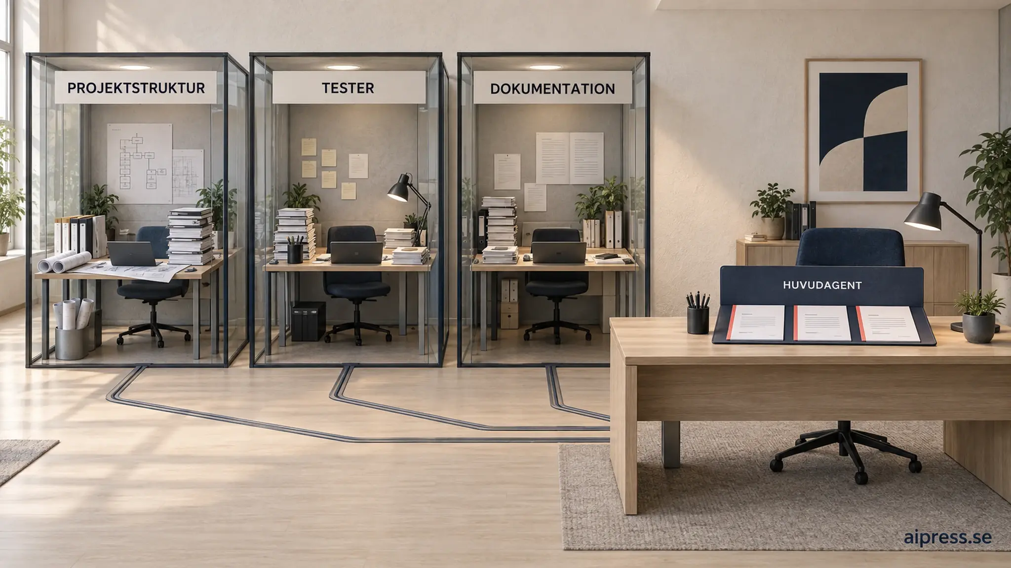 Tre glasade arbetsrum märkta Projektstruktur, Tester och Dokumentation, fulla av pärmar och papper, med spår i golvet till ett skrivbord där tre korta rapporter ligger i en mapp märkt Huvudagent